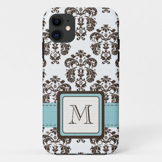 Monogrammed Blue Brown Damask Case-Mate iPhone Case (Achterkant)