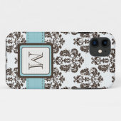 Monogrammed Blue Brown Damask Case-Mate iPhone Case (Achterkant (horizontaal))