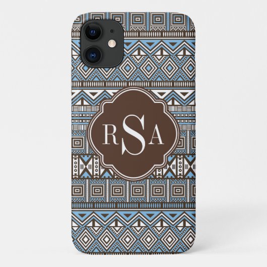 Monogrammed Blue Brown Tribal Pattern Case-Mate iPhone Case (Achterkant)