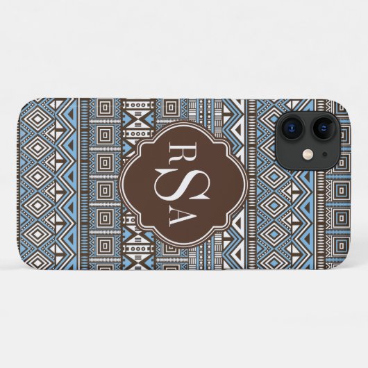Monogrammed Blue Brown Tribal Pattern Case-Mate iPhone Case (Achterkant (horizontaal))