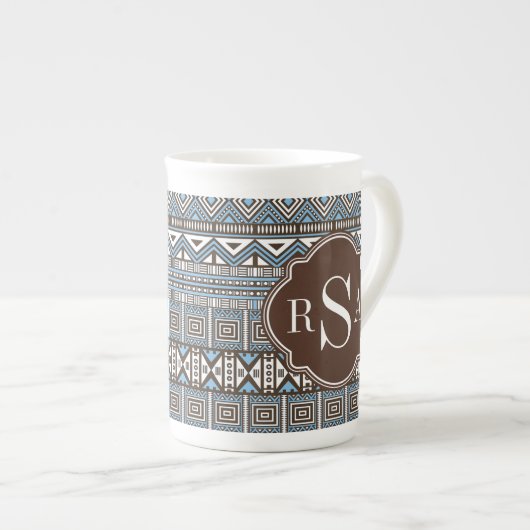 Monogrammed Blue Brown Tribal Pattern Porselein Kop (Voorkant rechts)