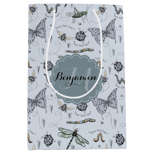 Monogrammed Blue Bugs en Insecten Boy Shower Medium Cadeauzakje (Voorkant)