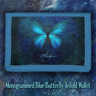 Monogrammed Blue Butterfly Drievoud Portemonnee