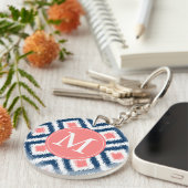 Monogrammed Blue Coral Diamond Ikat Pattern Sleutelhanger (Voorkant Rechts)