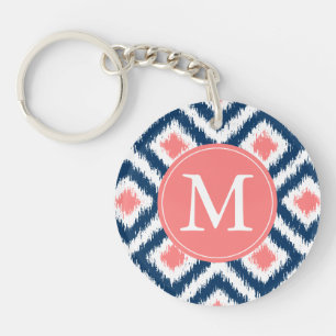 Monogrammed Blue Coral Diamond Ikat Pattern Sleutelhanger