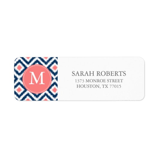 Monogrammed Blue Coral Diamonds Ikat Pattern Etiket (Voorkant)