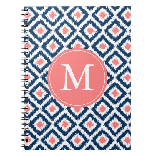 Monogrammed Blue Coral Diamonds Ikat Pattern Notitieboek (Voorkant)