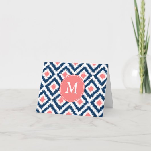 Monogrammed Blue Coral Diamonds Ikat Pattern Notitiekaartje (Voorkant)