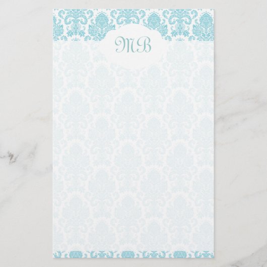 Monogrammed blue Damask Briefpapier (Voorkant)
