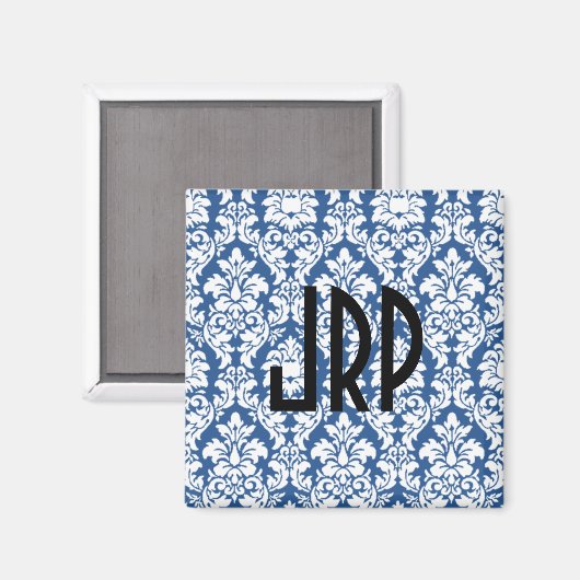Monogrammed Blue Damask Magneet (Voorkant / Achterkant)