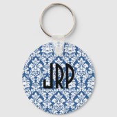 Monogrammed Blue Damask Sleutelhanger (Voorkant)