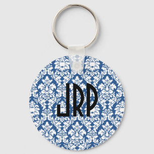 Monogrammed Blue Damask Sleutelhanger