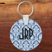Monogrammed Blue Damask Sleutelhanger (Voorkant)