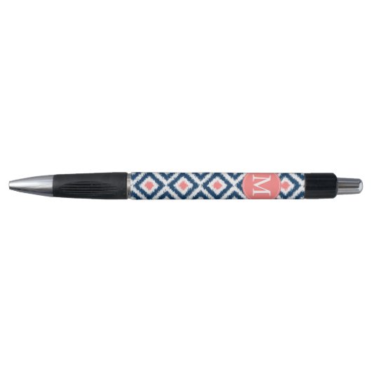 Monogrammed Blue en Coral Diamonds Ikat Pattern Pen (Voorkant)