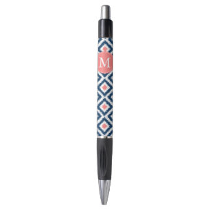 Monogrammed Blue en Coral Diamonds Ikat Pattern Pen