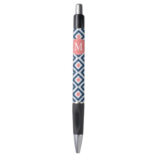 Monogrammed Blue en Coral Diamonds Ikat Pattern Pen (Voorkant Verticaal)