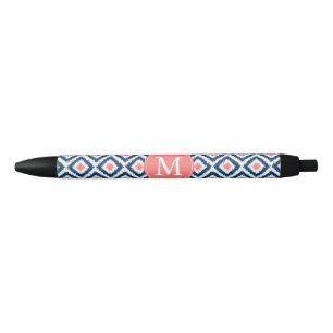 Monogrammed Blue en Coral Diamonds Ikat Pattern Zwarte Inkt Pen