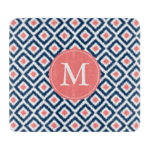 Monogrammed Blue en Coral Ikat Diamonds Pattern Snijplank