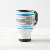 Monogrammed Blue en Grey Paint Stripes Pattern Reisbeker (Voorkant rechts)
