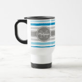Monogrammed Blue en Grey Paint Stripes Pattern Reisbeker (Links)