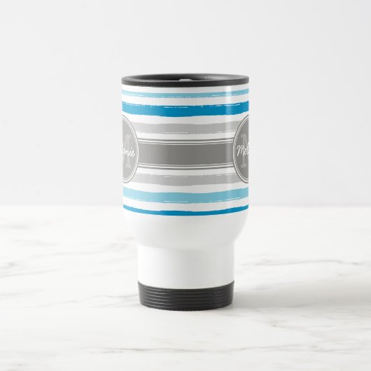 Monogrammed Blue en Grey Paint Stripes Pattern Reisbeker (Center)