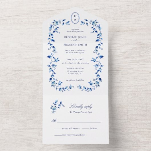 Monogrammed Blue en white delft All In One Uitnodiging (Binnen)