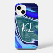 Monogrammed Blue en White Marble Fluid Art iPhone Hoesje (Achterkant)