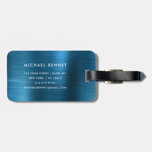 Monogrammed Blue Faux, geborsteld metaal Bagagelabel (Achterkant horizontaal)