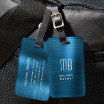 Monogrammed Blue Faux, geborsteld metaal Bagagelabel<br><div class="desc">Gepersonaliseerd Monogrammed Blue Faux geborsteld metaal Bagagelabel</div>