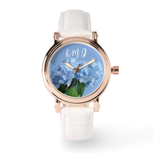 Monogrammed Blue Floral Custom Band Horloge (Voorkant)