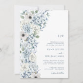 Monogrammed Blue Floral Wedding Kaart (Voorkant)