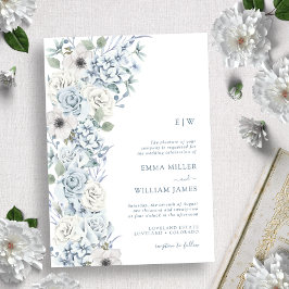 Monogrammed Blue Floral Wedding Kaart