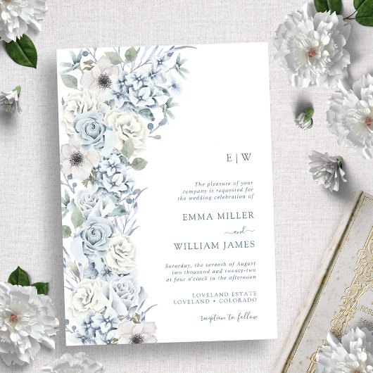 Monogrammed Blue Floral Wedding Kaart