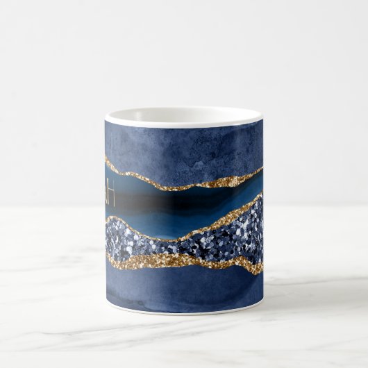 Monogrammed Blue Glitter Agate Marble Trendy Koffiemok (Center)