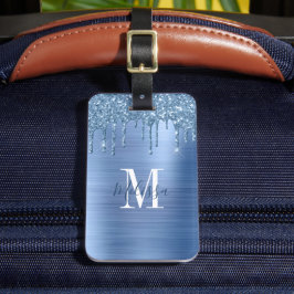Monogrammed Blue Glitter Drip Brushed Metal Bagagelabel
