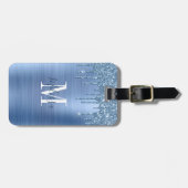Monogrammed Blue Glitter Drip Brushed Metal Bagagelabel (Voorkant horizontaal)