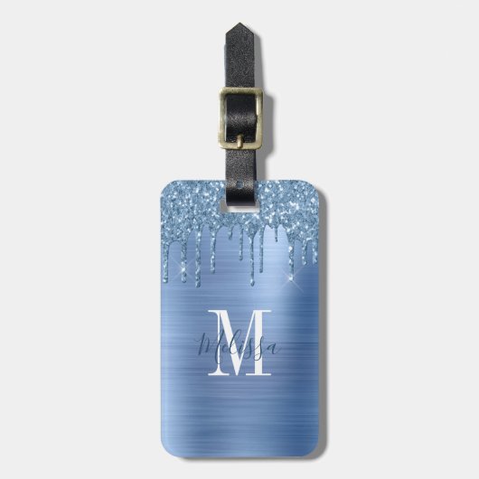 Monogrammed Blue Glitter Drip Brushed Metal Bagagelabel (Voorkant verticaal)