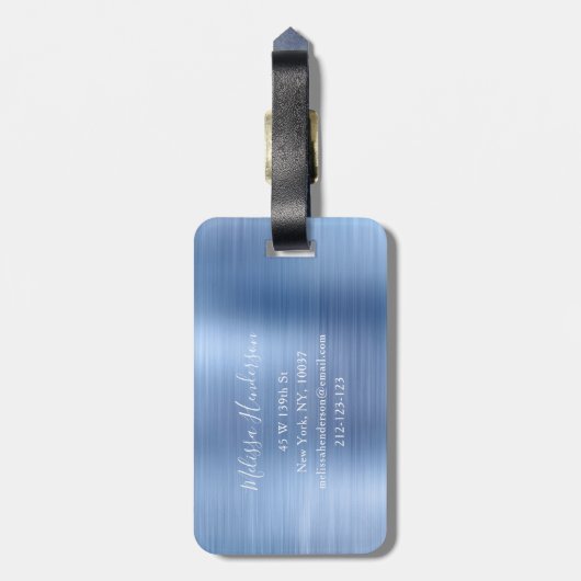 Monogrammed Blue Glitter Drip Brushed Metal Bagagelabel (Achterkant verticaal)