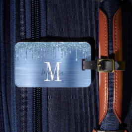 Monogrammed Blue Glitter Drip Brushed Metal Bagagelabel