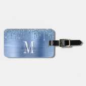 Monogrammed Blue Glitter Drip Brushed Metal Bagagelabel (Voorkant horizontaal)