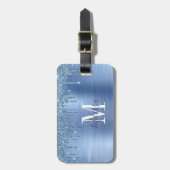 Monogrammed Blue Glitter Drip Brushed Metal Bagagelabel (Voorkant verticaal)