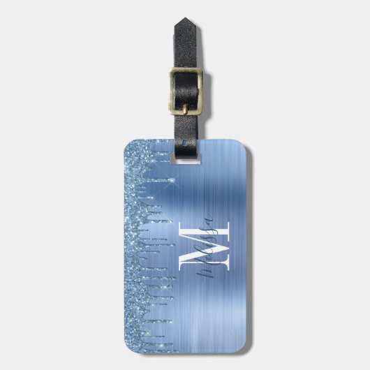 Monogrammed Blue Glitter Drip Brushed Metal Bagagelabel (Voorkant verticaal)