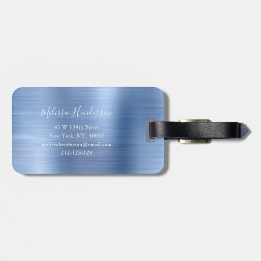 Monogrammed Blue Glitter Drip Brushed Metal Bagagelabel (Achterkant horizontaal)