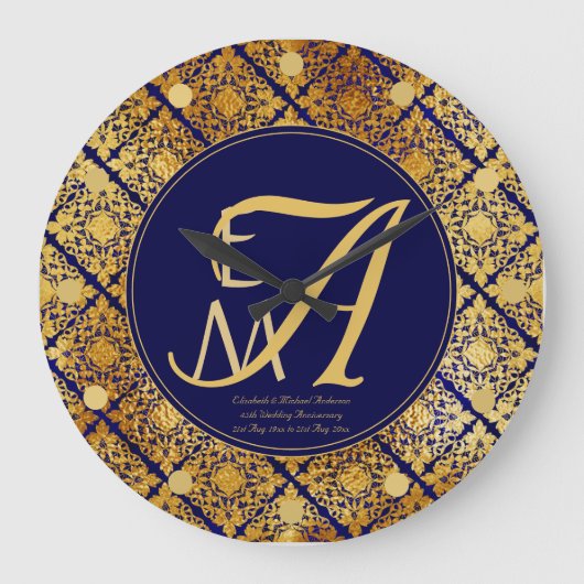 Monogrammed Blue Gold 45th Wedding Jubileum Grote Klok (Voorkant)