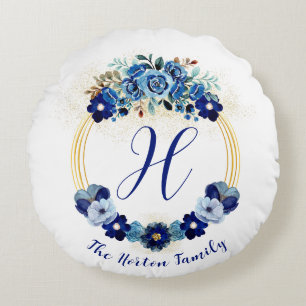 Monogrammed Blue Gold Botanical Garden Wreate Rond Kussen