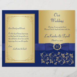 Monogrammed Blue, Gold Floral Wedding Programme
