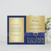Monogrammed Blue, Gold Floral Wedding Programme (Staand voorkant)