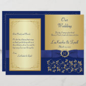 Monogrammed Blue, Gold Floral Wedding Programme (Voorkant / Achterkant)