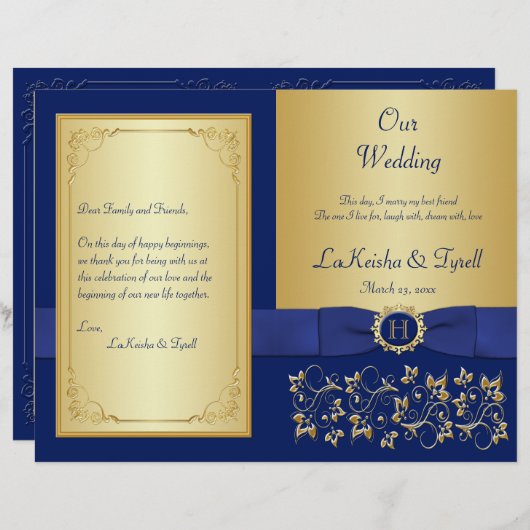 Monogrammed Blue, Gold Floral Wedding Programme (Voorkant / Achterkant)