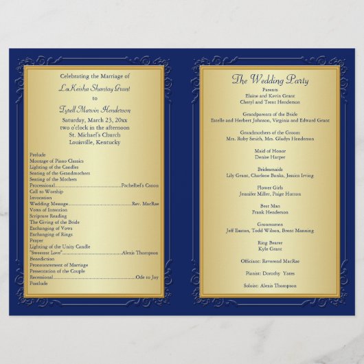 Monogrammed Blue, Gold Floral Wedding Programme (Achterkant)